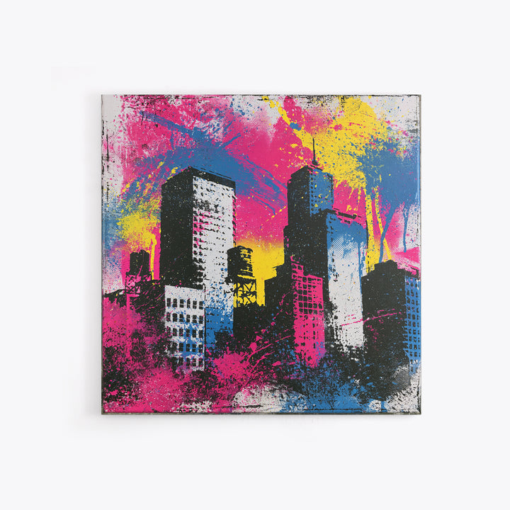 Urban Skyline Made from Stencil Layers Framed Canvas Print, Street Art, Gallery Decor, Living Room Decor, Fine Art, Urban, STR-1x1-62