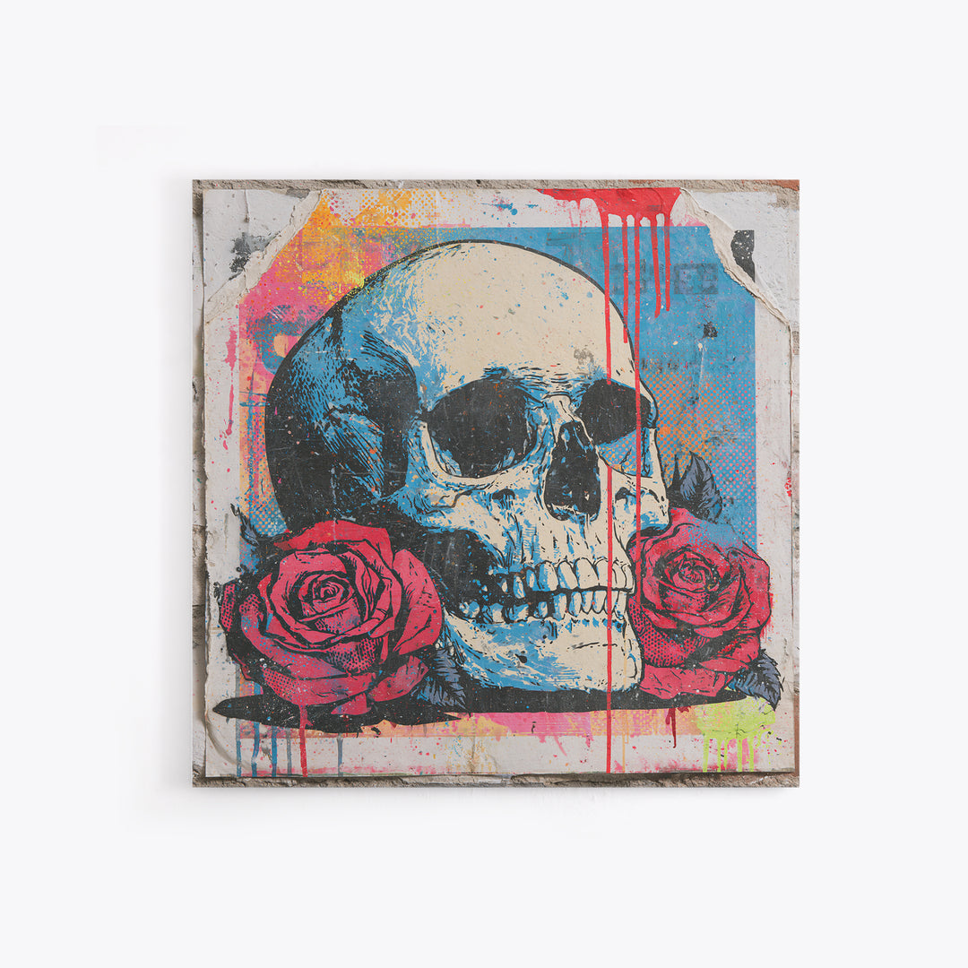 Skull with Roses in Street Mural Style Framed Canvas Print, Street Art, Abstract Painting, Living Room Decor, Fine Art, Urban, STR-1x1-64