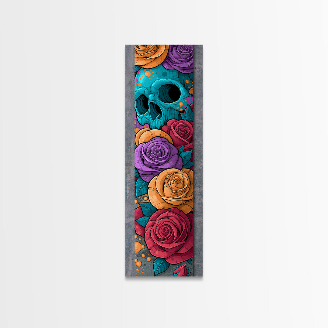 Skull with Roses in Street Mural Style Framed Canvas Print, Street Art, Bar Art, Living Room Decor, Oil Painting, Urban, STR-1x3-76