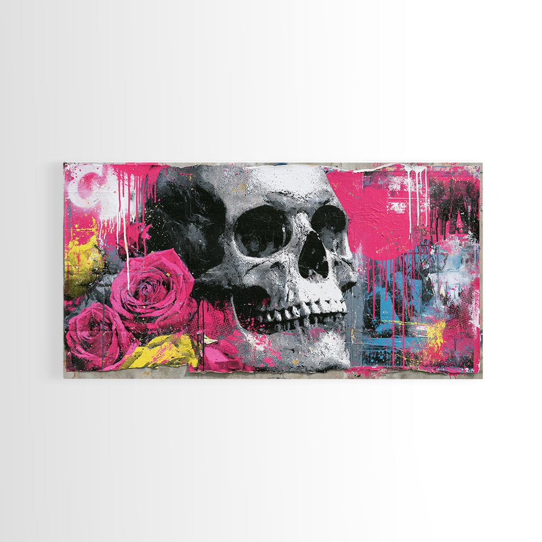 Skull with Roses in Street Mural Style Framed Canvas Print, Street Art, Art Print, Living Room Decor, Fine Art, Urban, STR-2x1-12