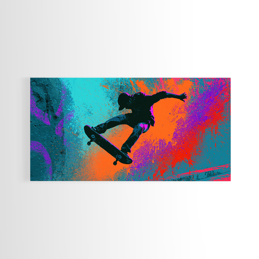 Skateboarder Silhouette over Neon Splashes Framed Canvas Print, Street Art, Living Room Decor, Watercolor Art, Urban, STR-2x1-23
