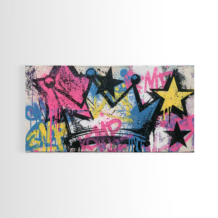 Drippy Crown and Stars Composition Framed Canvas Print, Street Art, Poster, Living Room Decor, Fine Art, Urban, Poster Prints, STR-2x1-40