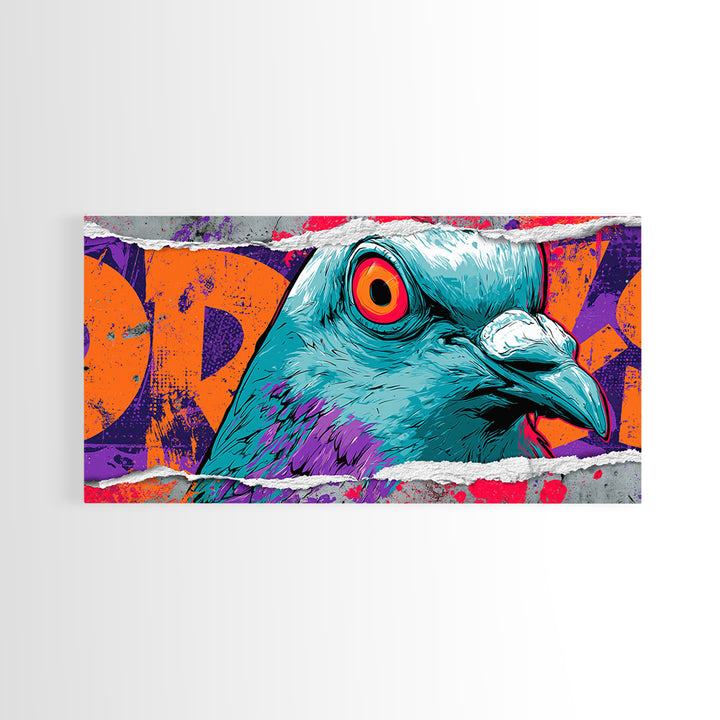City Pigeon with Attitude and Comic Charm Framed Canvas Print, Street Art, Watercolor Painting, Living Room Decor, STR-2x1-51