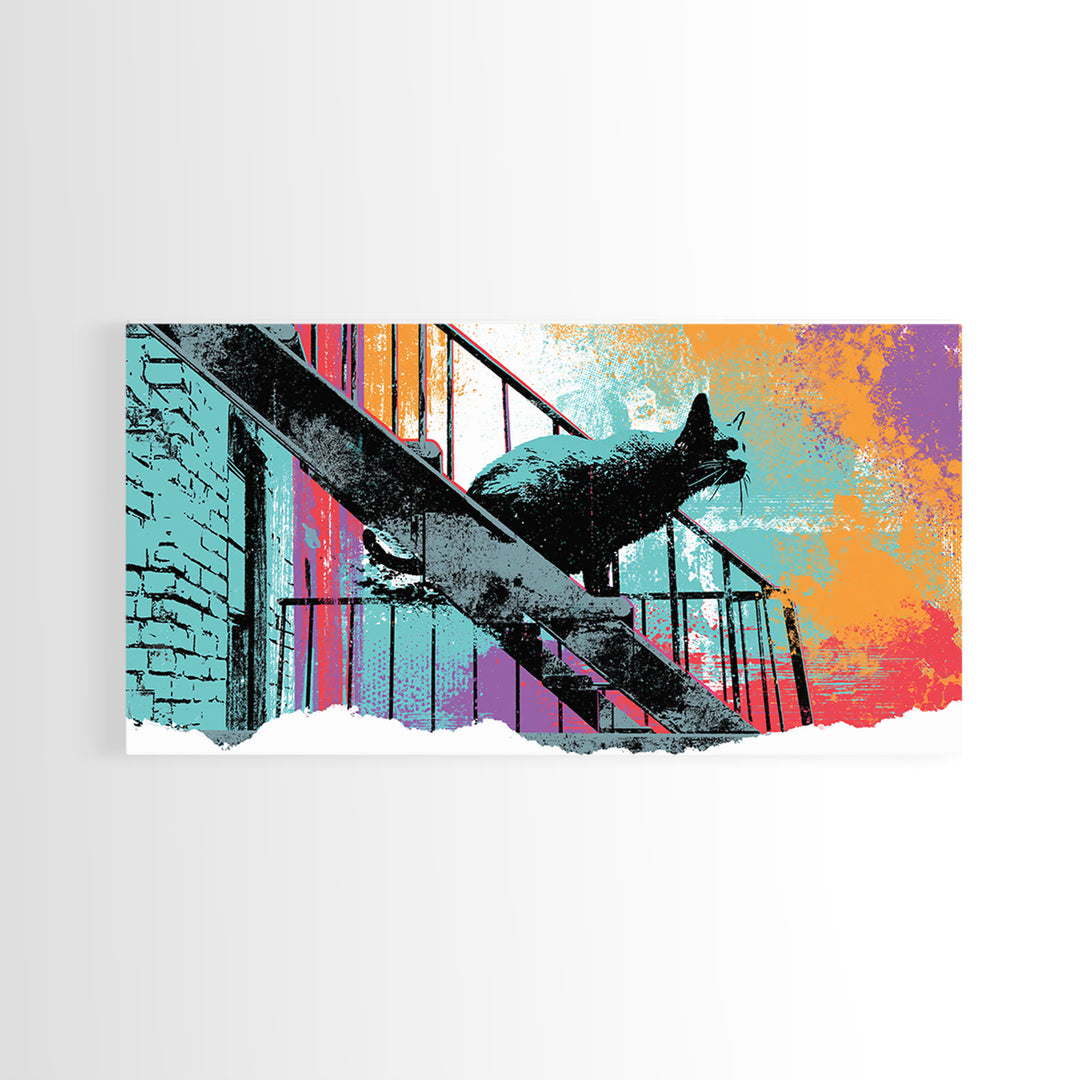 Black Cat on Fire Escape Silhouette Canvas Print, Street Art, Abstract Painting, Living Room Decor, Urban, Gallery Decor, STR-2x1-63
