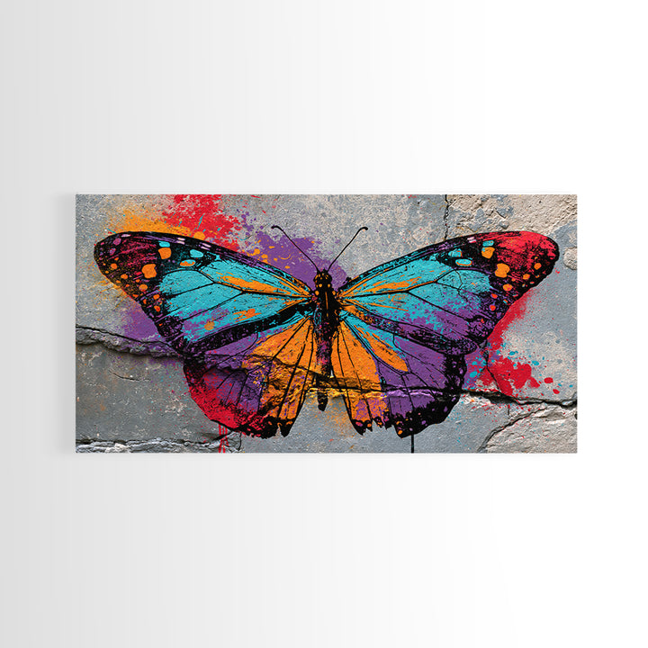 Spray Painted Butterfly on Cracked Concrete Framed Canvas Print, Street Art, Artwork, Living Room Decor, Fine Art, Urban, STR-2x1-91
