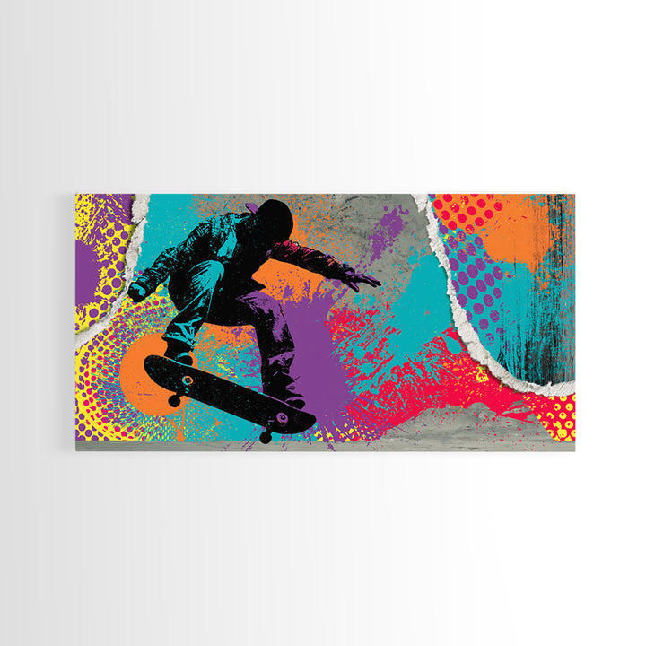Skateboarder Silhouette over Neon Splashes Framed Canvas Print, Street Art, Neutral Decor, Living Room Decor, Fine Art, Urban, STR-2x1-95