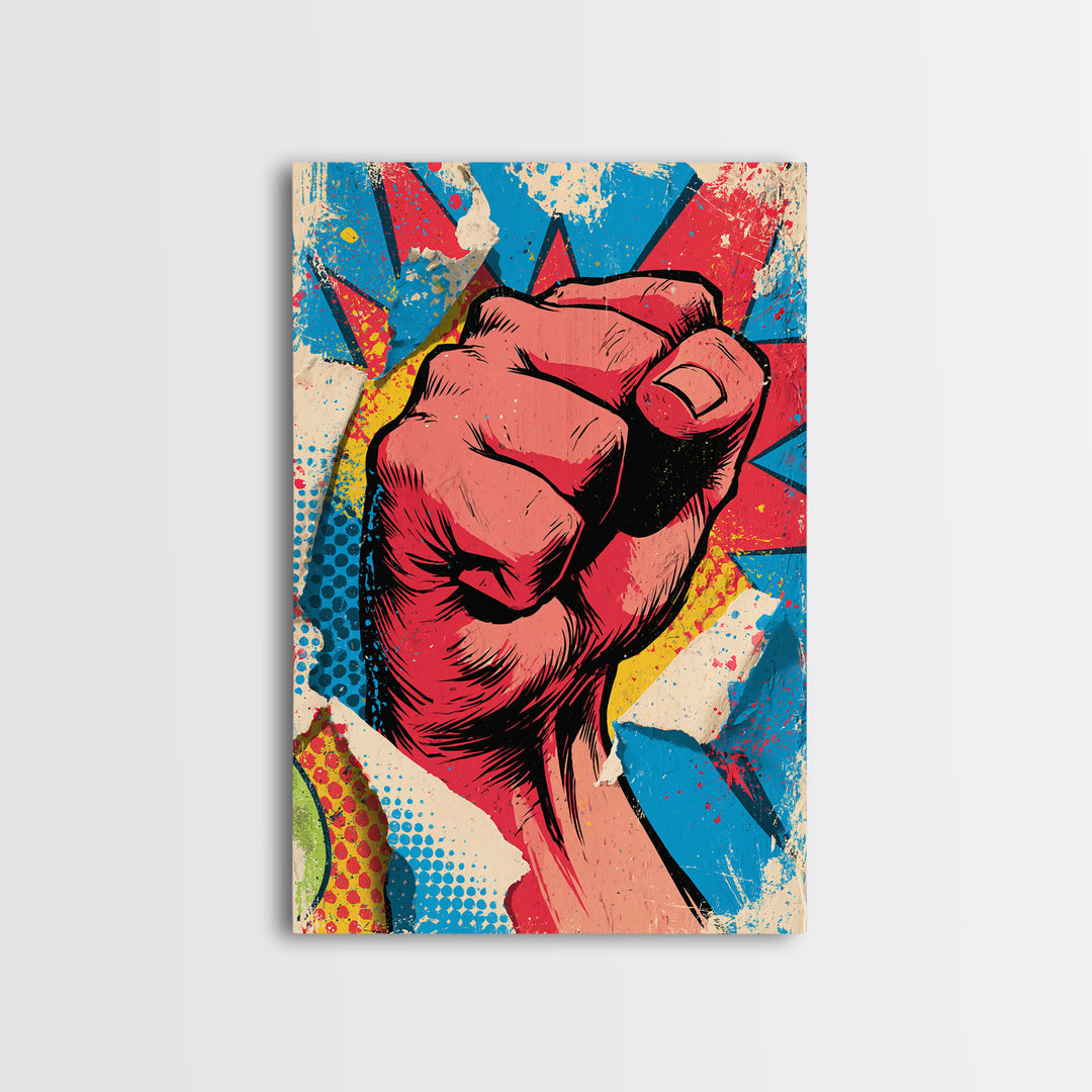 Comic Fist Breaking Through Color Framed Canvas Print, Street Art, Wall Hangings, Living Room Decor, Oil Painting, Urban, STR-2x3-21