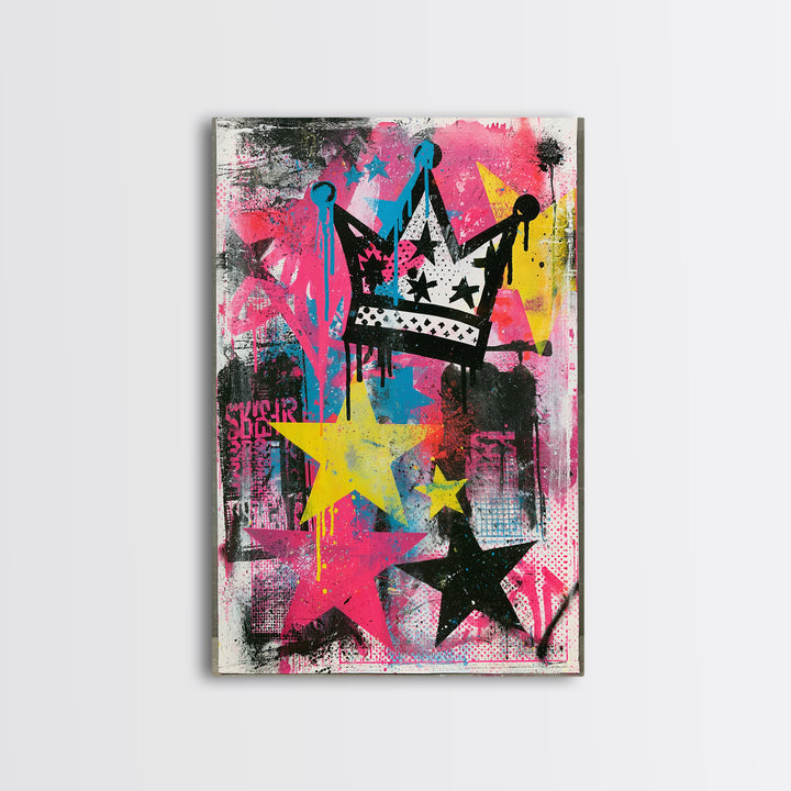 Drippy Crown and Stars Composition Framed Canvas Print, Street Art, Canvas Painting, Living Room Decor, Fine Art, Urban, STR-2x3-28