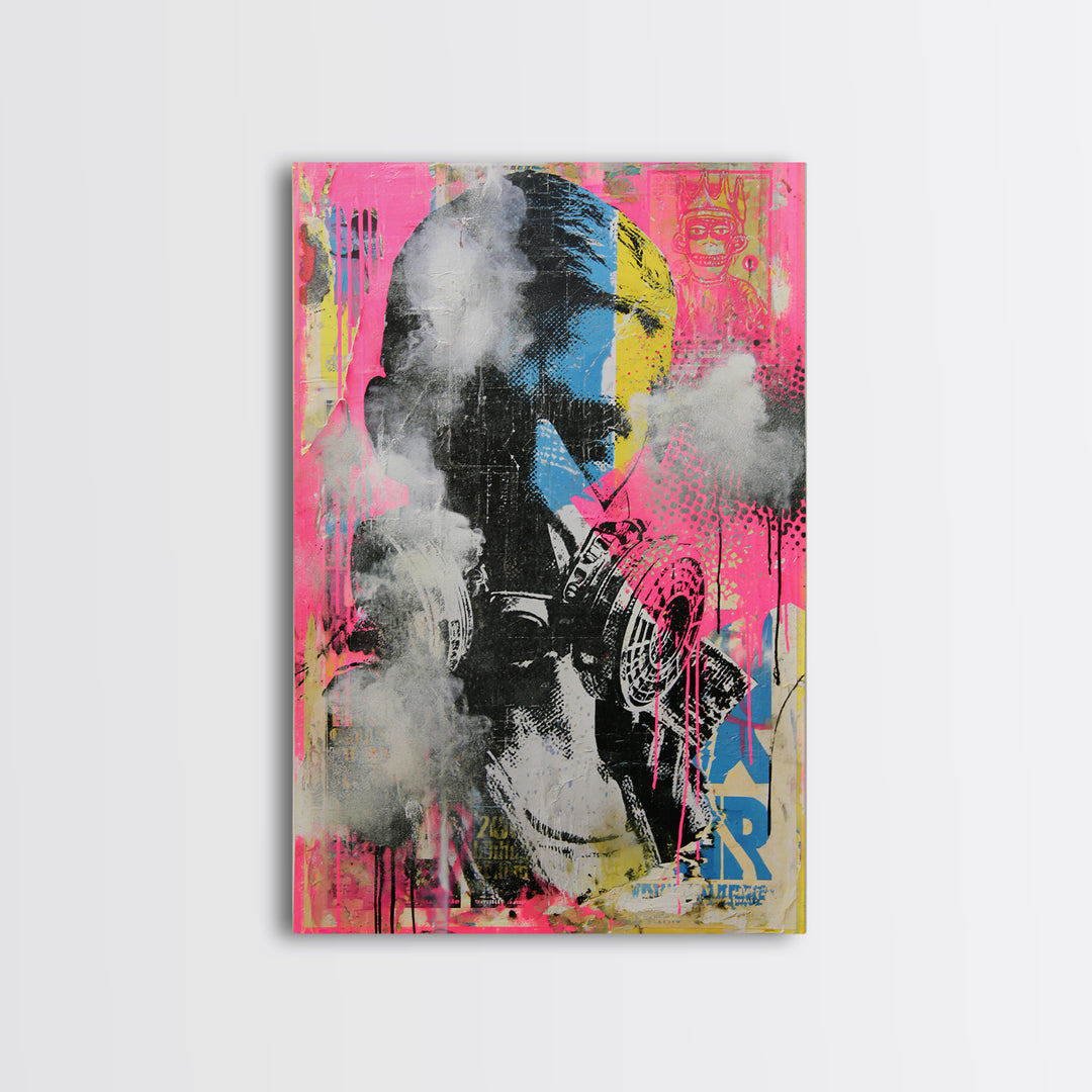 Masked Figure Surrounded by Aerosol Clouds Framed Canvas Print, Street Art, Luxury Decor, Living Room Decor, Fine Art, Urban, STR-2x3-44