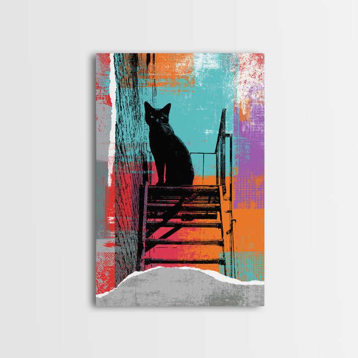 Black Cat on Fire Escape Silhouette Framed Canvas Print, Street Art, Wall Hangings, Living Room Decor, Oil Painting, Urban, STR-2x3-51