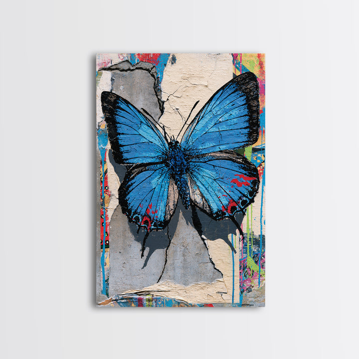 Spray Painted Butterfly on Cracked Concrete Framed Canvas Print, Street Art, Canvas, Living Room Decor, Fine Art, Urban, STR-2x3-55