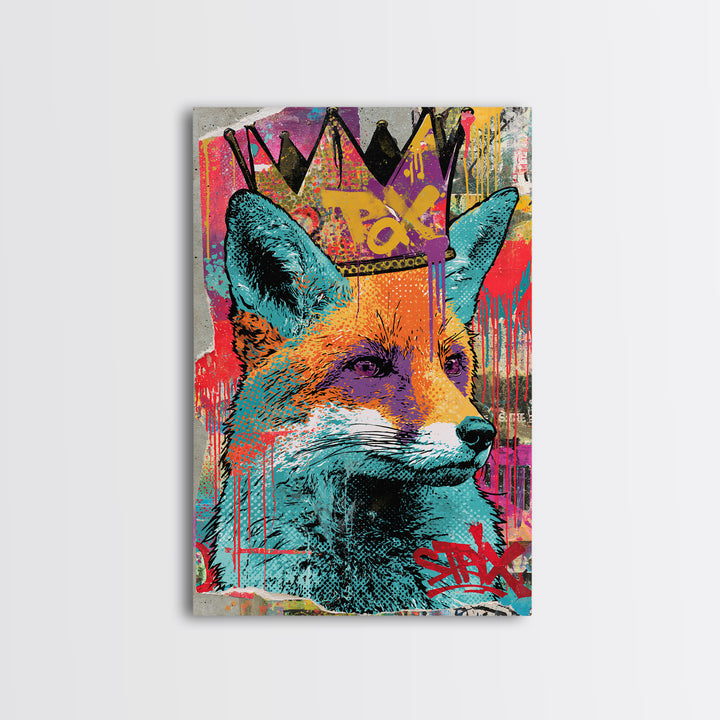 Urban Fox Wearing a Crown of Spray Canvas Print, Street Art, Artwork, Living Room Decor, Urban, Pop Art, Banksy Wall Art, STR-2x3-58