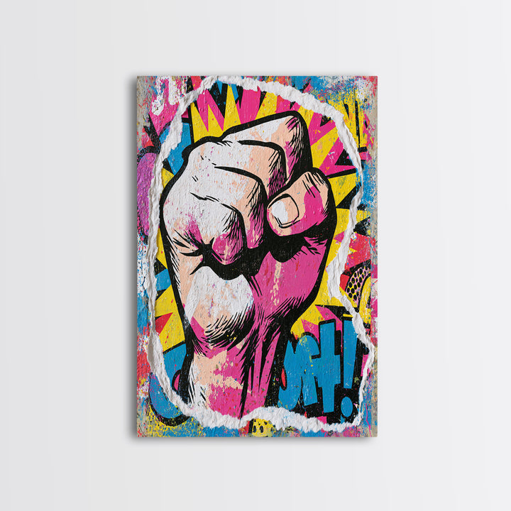 Comic Fist Breaking Through Color Framed Canvas Print, Street Art, Abstract Painting, Living Room Decor, Fine Art, Urban, STR-2x3-69