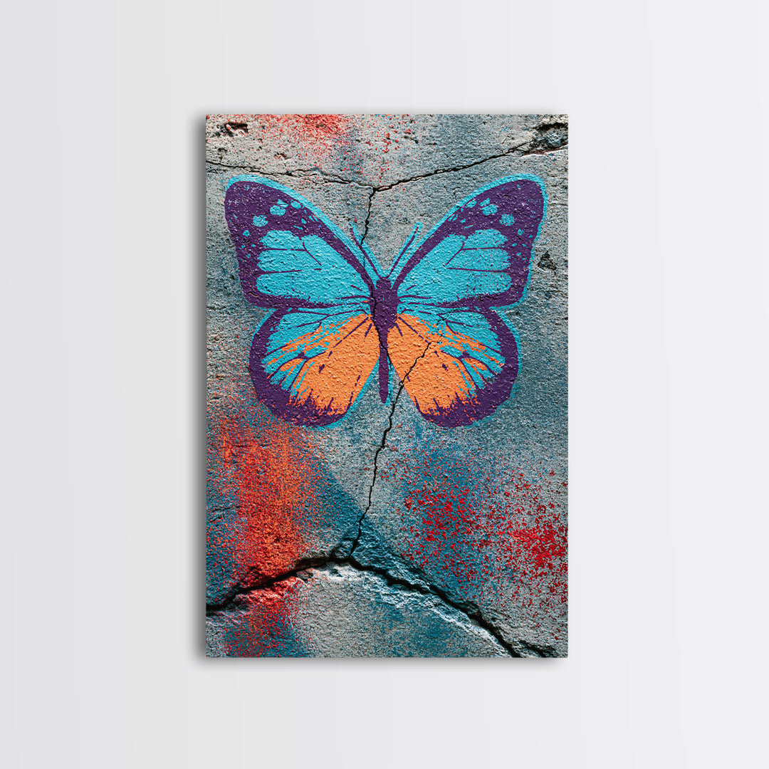 Spray Painted Butterfly on Cracked Concrete Canvas Print, Street Art, Abstract Art, Living Room Decor, Fine Art, Urban, STR-2x3-79