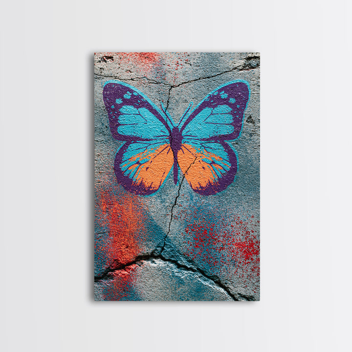 Spray Painted Butterfly on Cracked Concrete Canvas Print, Street Art, Abstract Art, Living Room Decor, Fine Art, Urban, STR-2x3-79