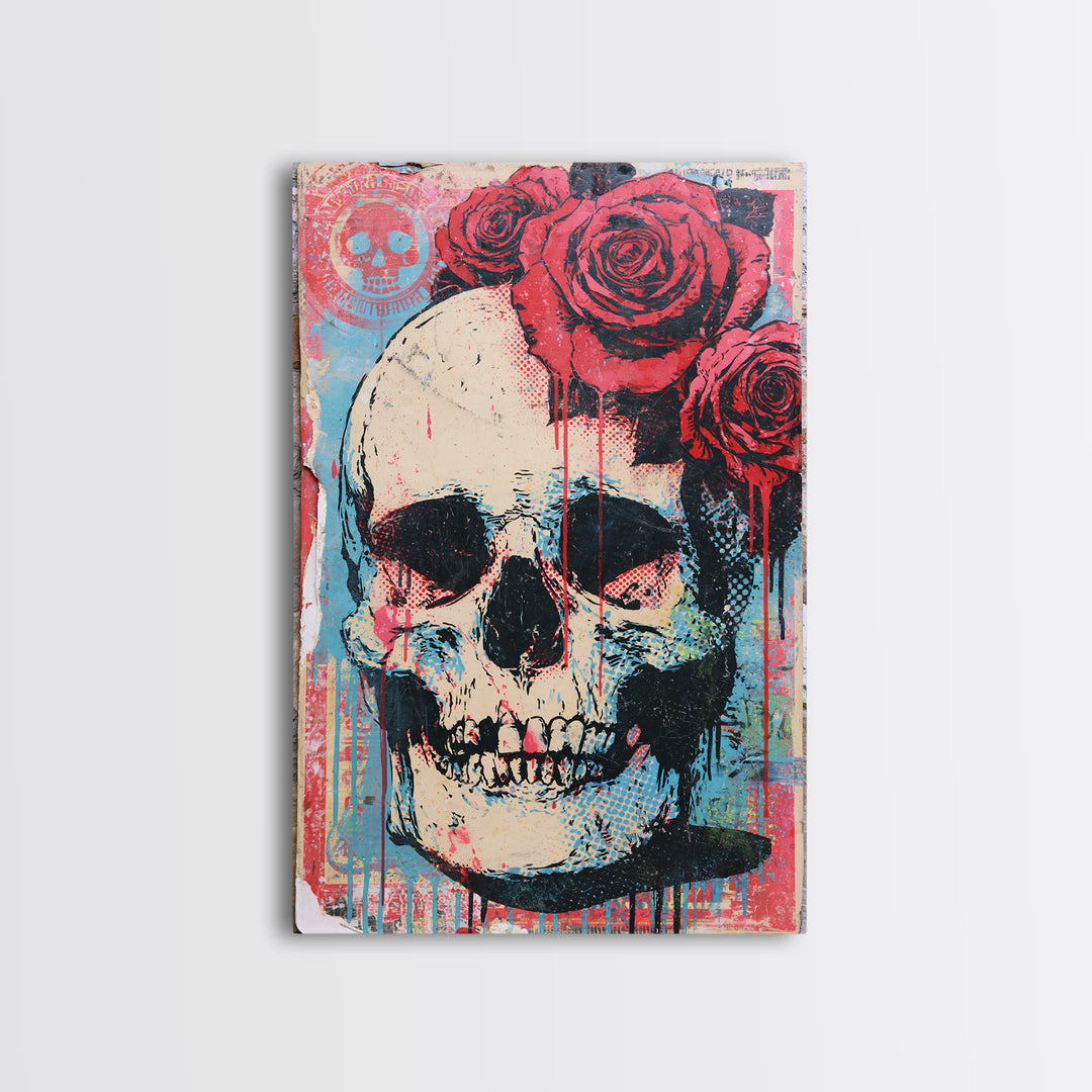Skull with Roses in Street Mural Style Canvas Print, Street Art, Abstract Painting, Living Room Decor, Fine Art, Urban, STR-2x3-96