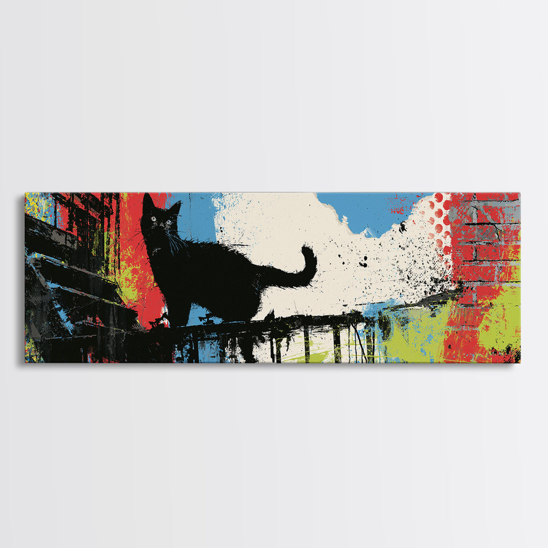Black Cat on Fire Escape Silhouette Canvas Print, Street Art, Graffiti Art, Living Room Decor, Watercolor Art, Urban, STR-3x1-11