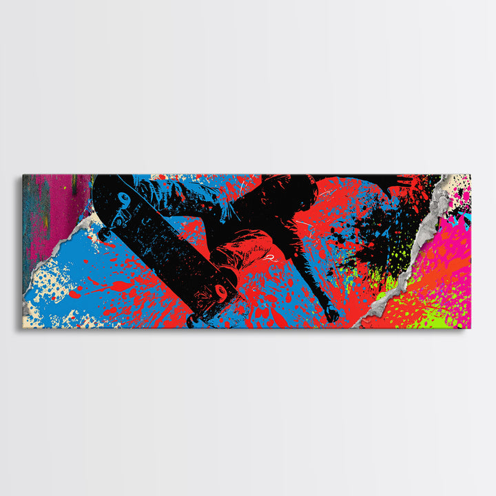 Skateboarder Silhouette over Neon Splashes Canvas Print, Street Art, Custom Portrait, Living Room Decor, Fine Art, Urban, STR-3x1-43