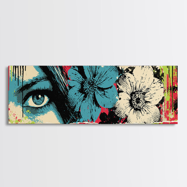 Paste Up Collage of Flowers and Eyes Framed Canvas Print, Street Art, Bar Art, Living Room Decor, Urban, Fine Art Print, STR-3x1-74