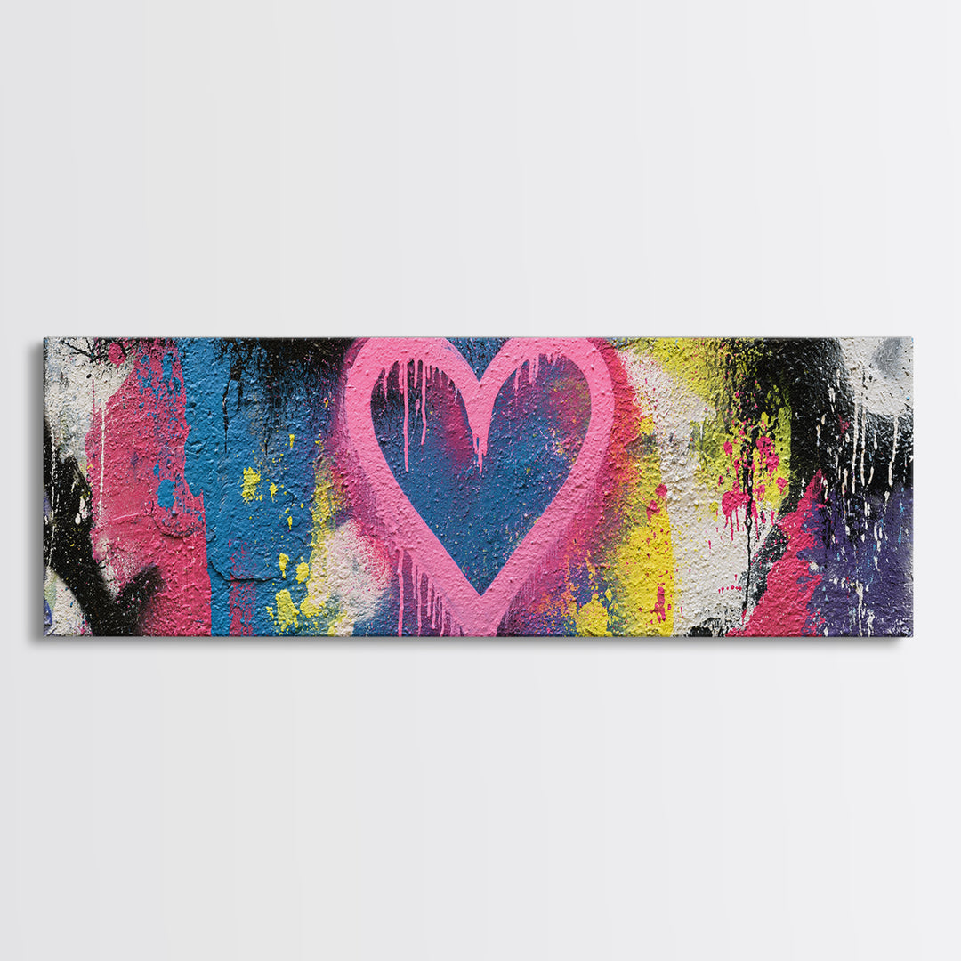 Neon Heart with Rough Drips Canvas Print, Street Art, Abstract Art, Living Room Decor, Urban, Anime Art, Original Artwork, STR-3x1-75