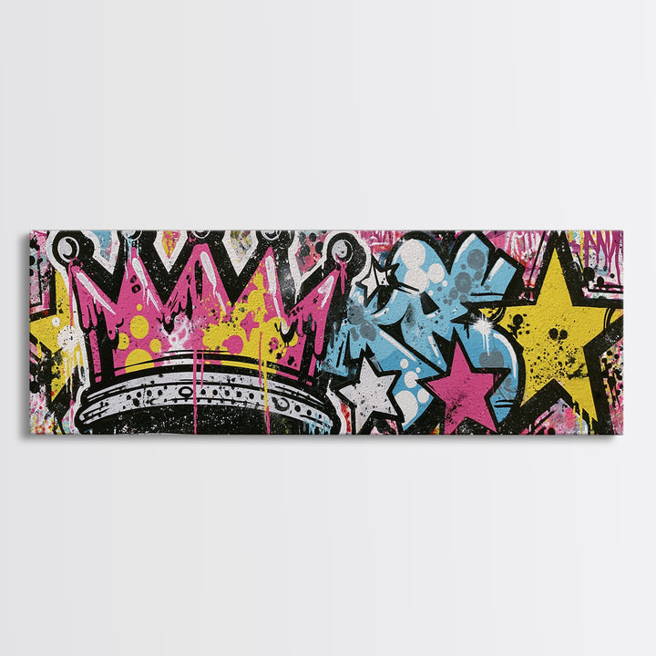 Drippy Crown and Stars Composition Framed Canvas Print, Street Art, Painting, Living Room Decor, Urban, Abstract Painting, STR-3x1-84