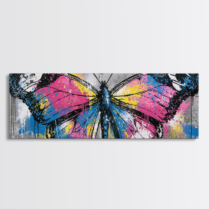 Spray Painted Butterfly on Cracked Concrete Framed Canvas Print, Street Art, Artwork, Living Room Decor, Fine Art, Urban, STR-3x1-87