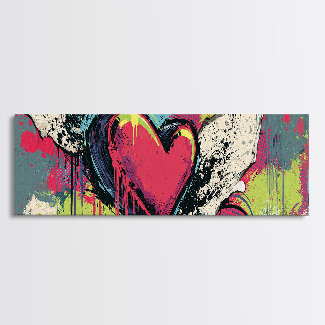 Neon Heart with Rough Drips Framed Canvas Print, Street Art, Canvas, Living Room Decor, Fine Art, Urban, Colorful Wall Art, STR-3x1-99