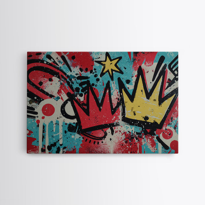 Drippy Crown and Stars Composition Framed Canvas Print, Street Art, Abstract, Living Room Decor, Fine Art, Urban, Luxury Decor, STR-3x2-24