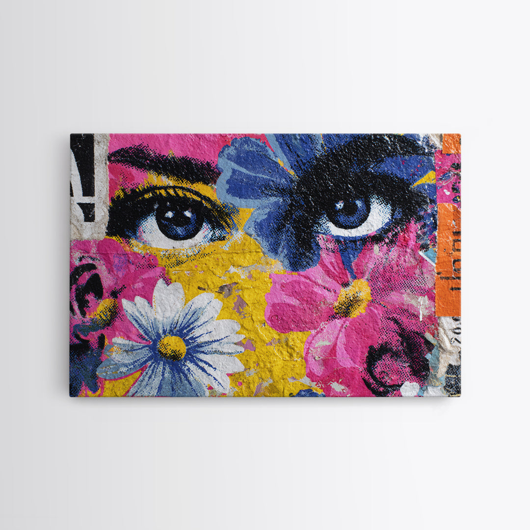Paste Up Collage of Flowers and Eyes Canvas Print, Street Art, Abstract Painting, Living Room Decor, Watercolor Art, Urban, STR-3x2-38