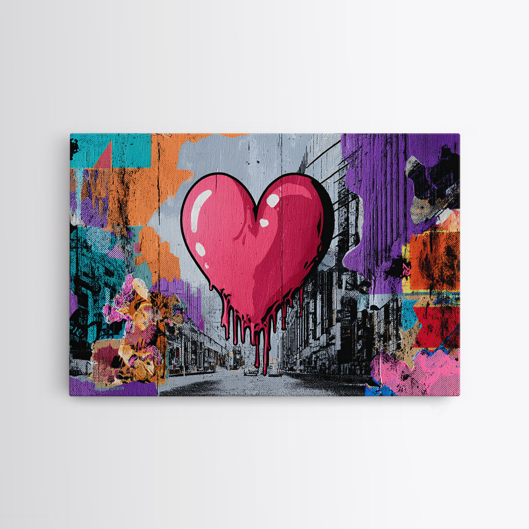 Neon Heart with Rough Drips Framed Canvas Print, Street Art, Minimalist Decor, Living Room Decor, Fine Art, Urban, Original Art, STR-3x2-39