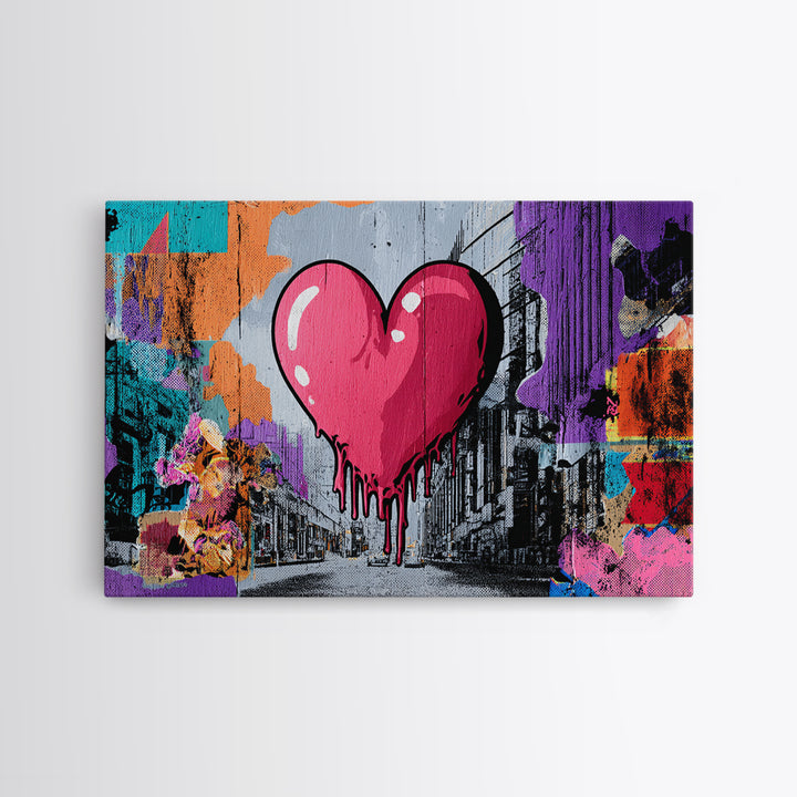Neon Heart with Rough Drips Framed Canvas Print, Street Art, Minimalist Decor, Living Room Decor, Fine Art, Urban, Original Art, STR-3x2-39