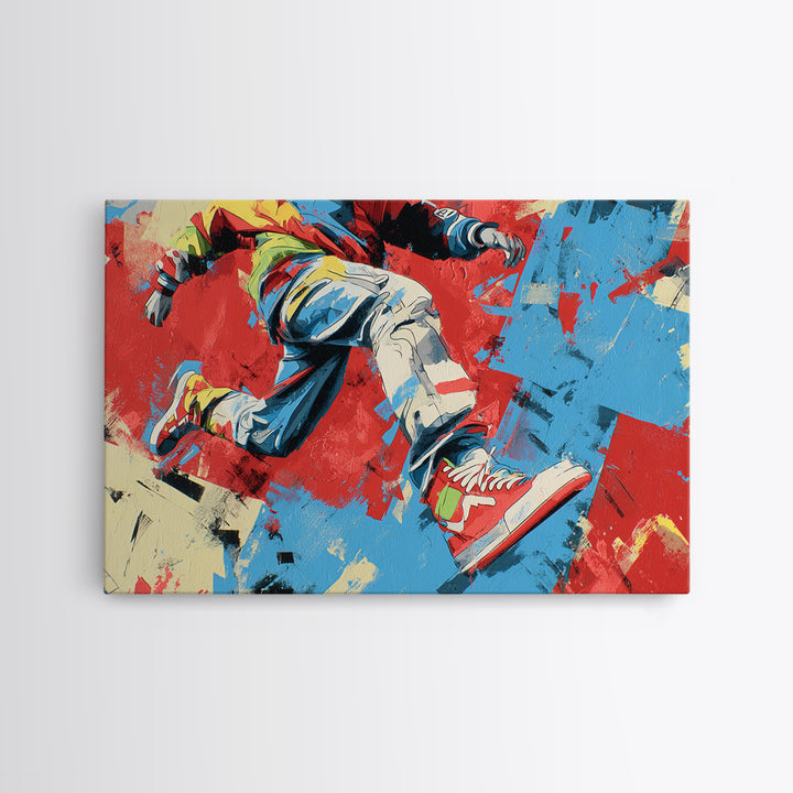 Breakdancer Frozen in Energetic Motion Framed Canvas Print, Street Art, Colorful Wall Art, Living Room Decor, Fine Art, Urban, STR-3x2-46