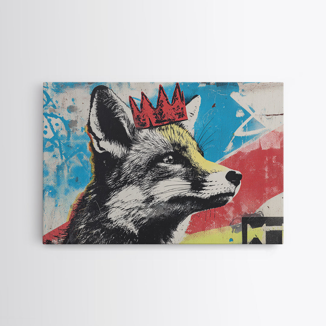 Urban Fox Wearing a Crown of Spray Framed Canvas Print, Street Art, Modern Wall Art, Living Room Decor, Fine Art, Urban, STR-3x2-6