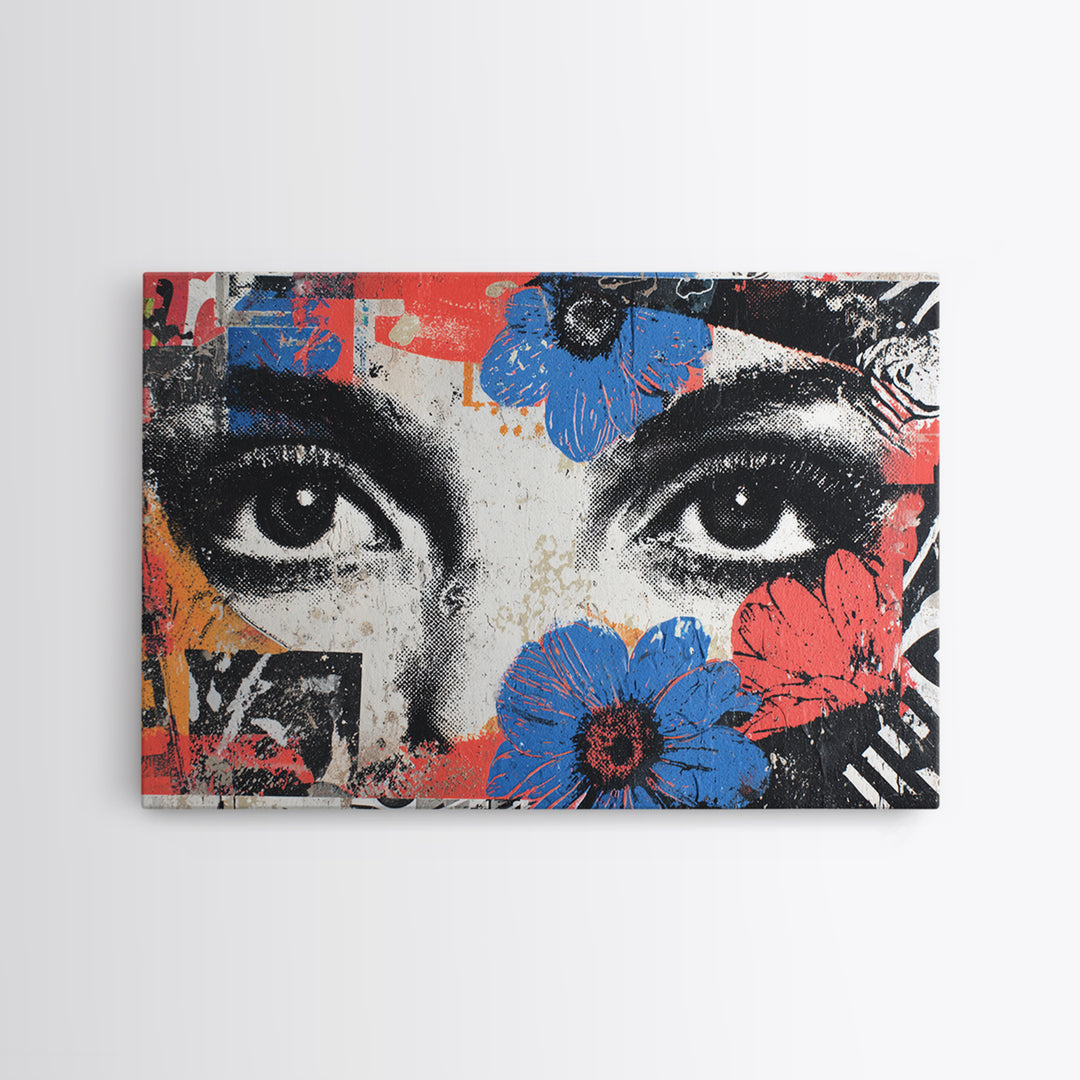 Paste Up Collage of Flowers and Eyes Canvas Print, Street Art, Abstract Painting, Living Room Decor, Watercolor Art, Urban, STR-3x2-62