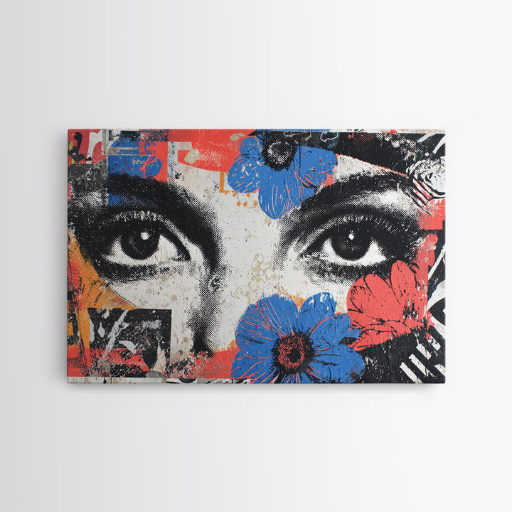 Paste Up Collage of Flowers and Eyes Canvas Print, Street Art, Abstract Painting, Living Room Decor, Watercolor Art, Urban, STR-3x2-62