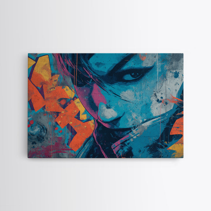 Masked Figure Surrounded by Aerosol Clouds Framed Canvas Print, Street Art, Textured Painting, Living Room Decor, Urban, STR-3x2-64