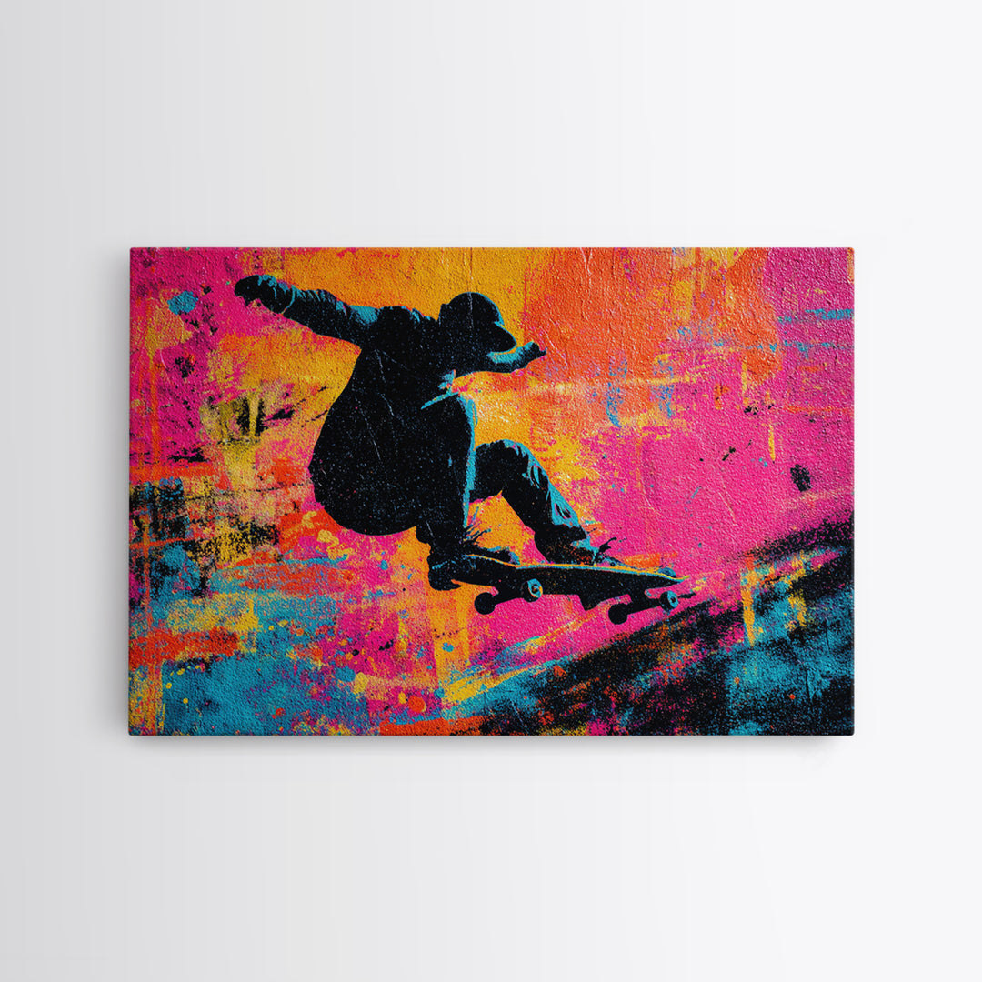 Skateboarder Silhouette over Neon Splashes Framed Canvas Print, Street Art, Original Art, Living Room Decor, Abstract Art, STR-3x2-7