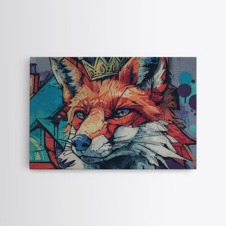 Urban Fox Wearing a Crown of Spray Framed Canvas Print, Street Art, Contemporary Art, Living Room Decor, Fine Art, Urban, STR-3x2-78