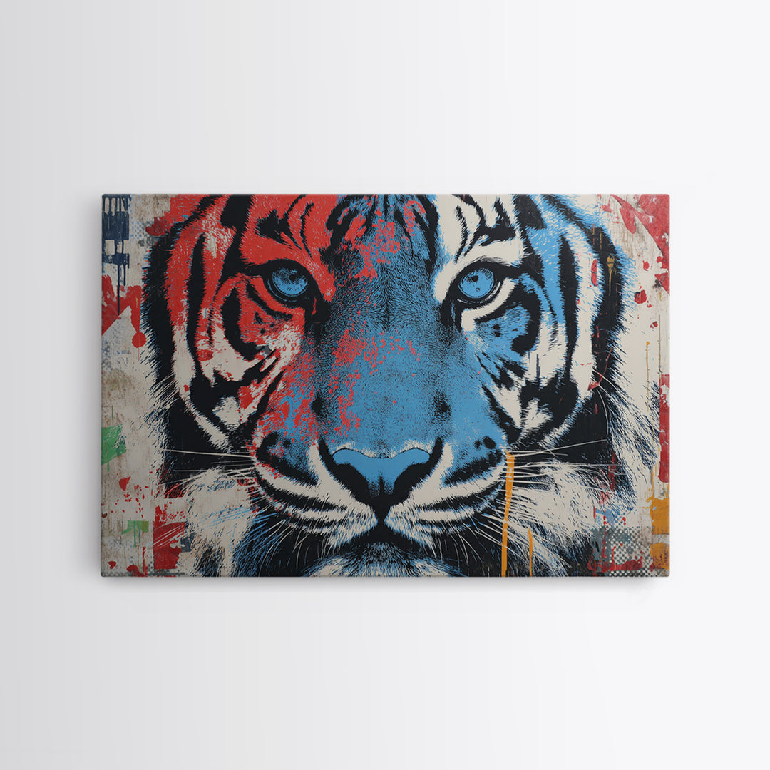 Spray Painted Tiger Face Canvas Print, Street Art, Poster, Living Room Decor, Urban, Poster Prints, Watercolor Painting, STR-3x2-84