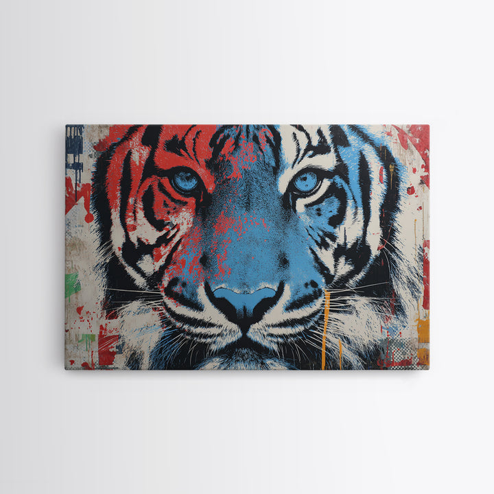 Spray Painted Tiger Face Canvas Print, Street Art, Poster, Living Room Decor, Urban, Poster Prints, Watercolor Painting, STR-3x2-84