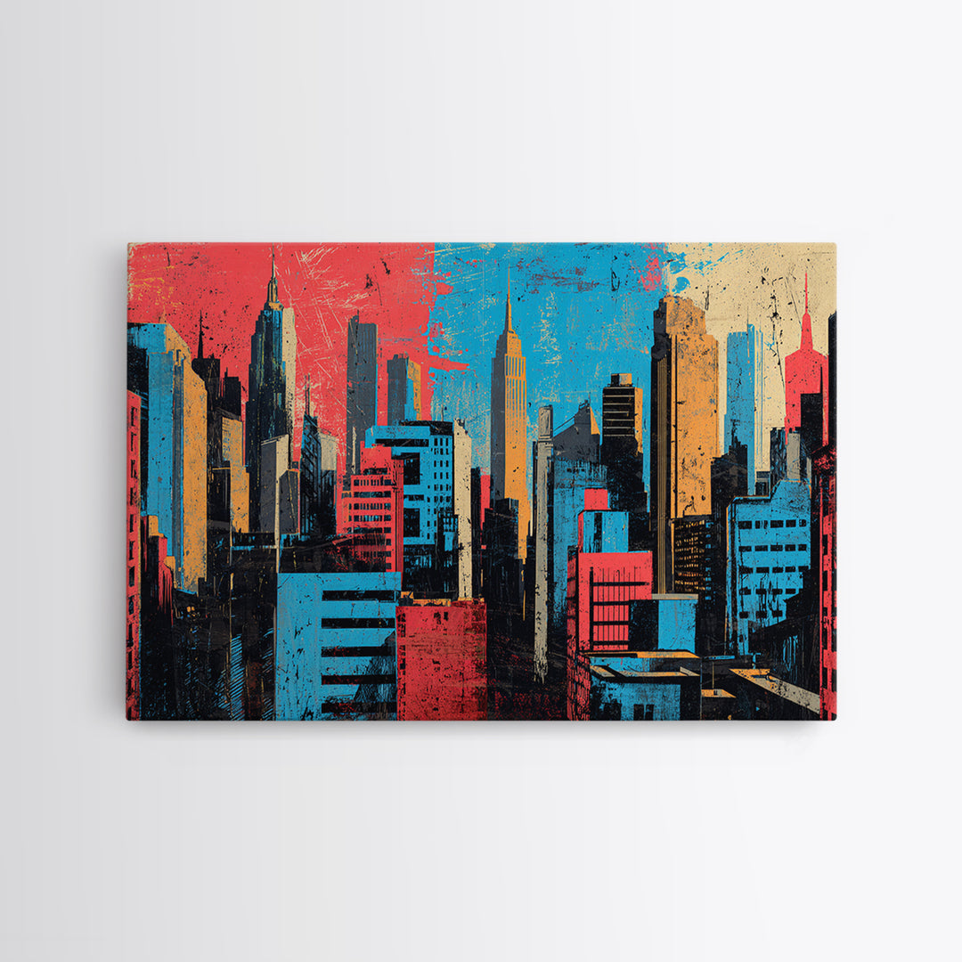 Urban Skyline Made from Stencil Layers Framed Canvas Print, Street Art, Abstract, Living Room Decor, Abstract Art, Urban, STR-3x2-90