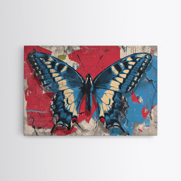 Spray Painted Butterfly on Cracked Concrete Framed Canvas Print, Street Art, Artwork, Living Room Decor, Fine Art, Urban, STR-3x2-99