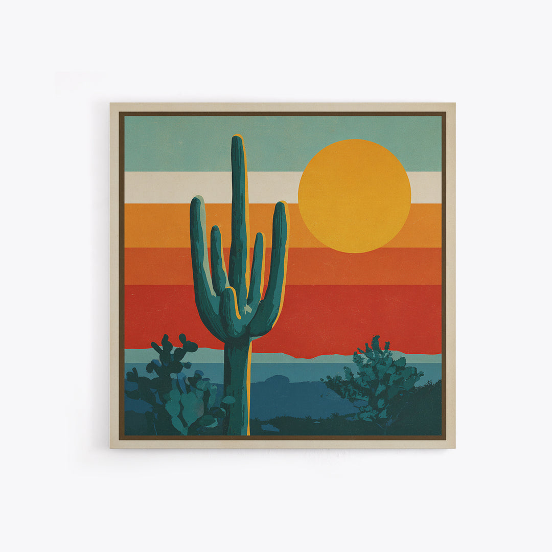 Mexico Cactus and Sun Travel Poster Framed Canvas Print, Travel Poster(2), City Wall Art, Living Room Decor, Fine Art, Voyage, TPO-1x1-21