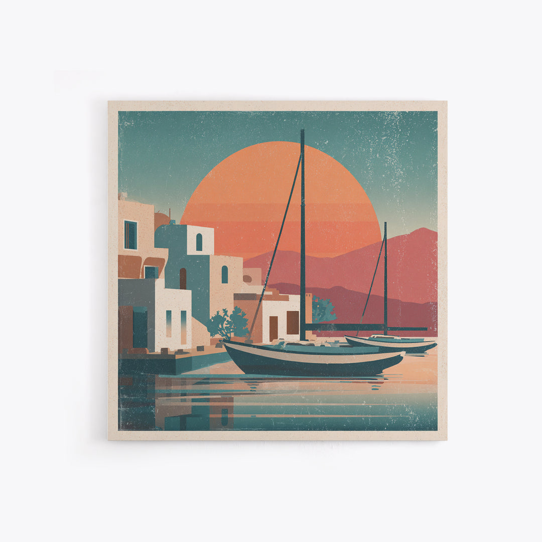 Greek Island Sailboat and Sun Poster Framed Canvas Print, Travel Poster(2), Luxury Decor, Living Room Decor, Fine Art, Voyage, TPO-1x1-40
