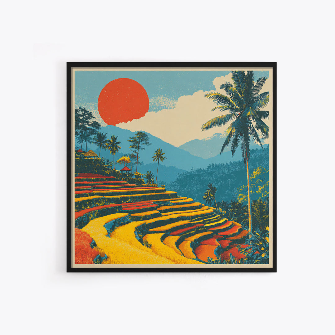 Bali Rice Terraces and Jungle Palms Framed Canvas Print, Travel Poster(2), Retro Poster, Living Room Decor, Fine Art, Voyage, TPO-1x1-61