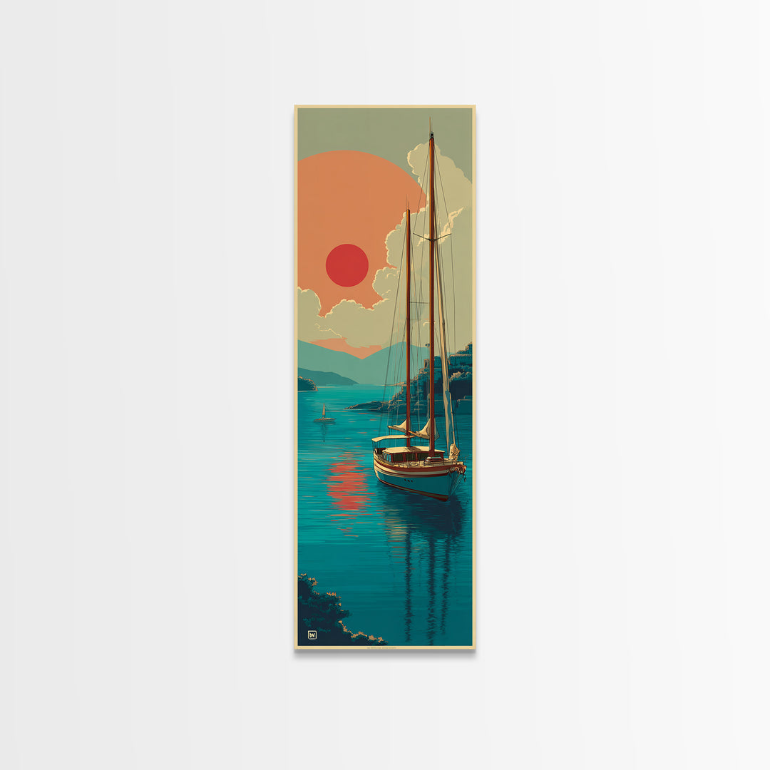 Greek Island Sailboat and Sun Poster Framed Canvas Print, Travel Poster(2), Modern Decor, Living Room Decor, Fine Art, Voyage, TPO-1x3-4