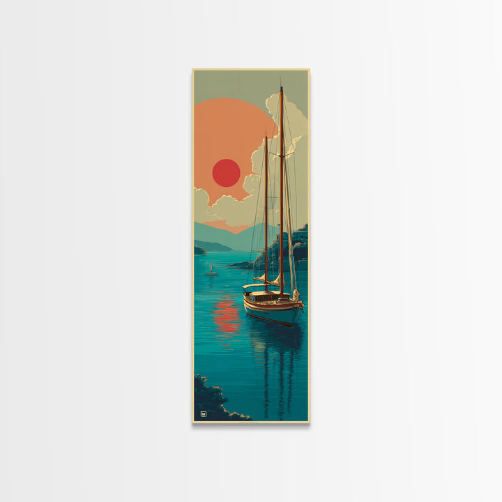 Greek Island Sailboat and Sun Poster Framed Canvas Print, Travel Poster(2), Modern Decor, Living Room Decor, Fine Art, Voyage, TPO-1x3-4