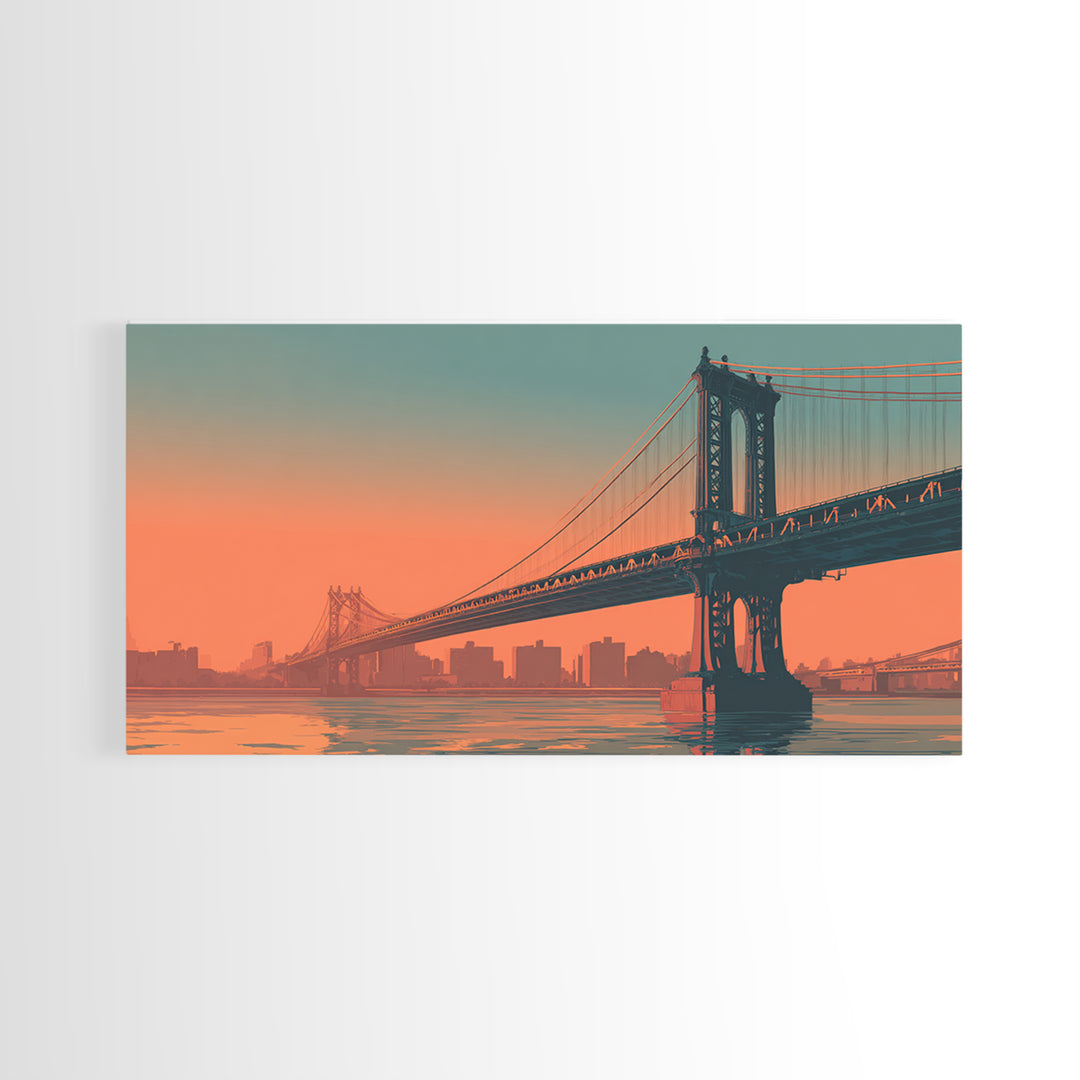 New York Bridge at Sunrise Framed Canvas Print, Travel Poster(2), Minimalist Decor, Living Room Decor, Fine Art, Voyage, TPO-2x1-50