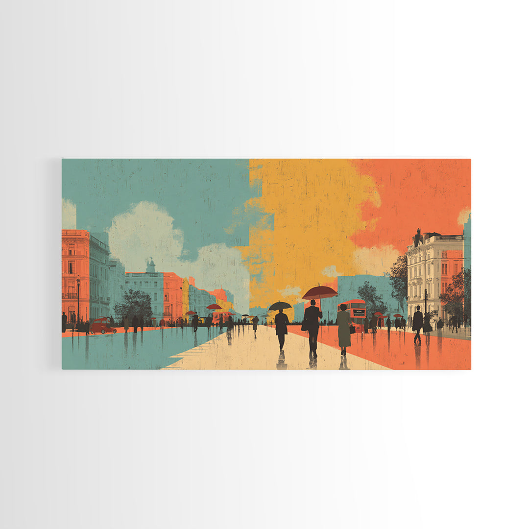 London Rainy Street Umbrella Graphic Canvas Print, Travel Poster(2), Contemporary Art, Living Room Decor, Fine Art, Voyage, TPO-2x1-54