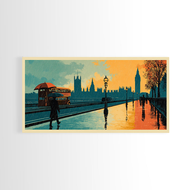 London Rainy Street Umbrella Graphic Canvas Print, Travel Poster(2), Contemporary Art, Living Room Decor, Fine Art, Voyage, TPO-2x1-78